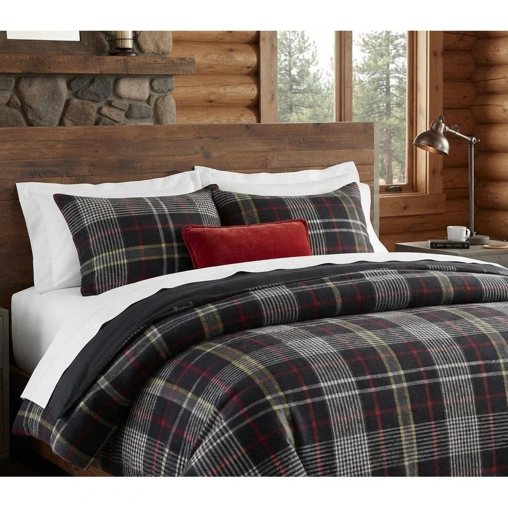 Pottery Barn King Duvet + 2 King Shams Carson Charcoal Gray Plaid Classic Luxury